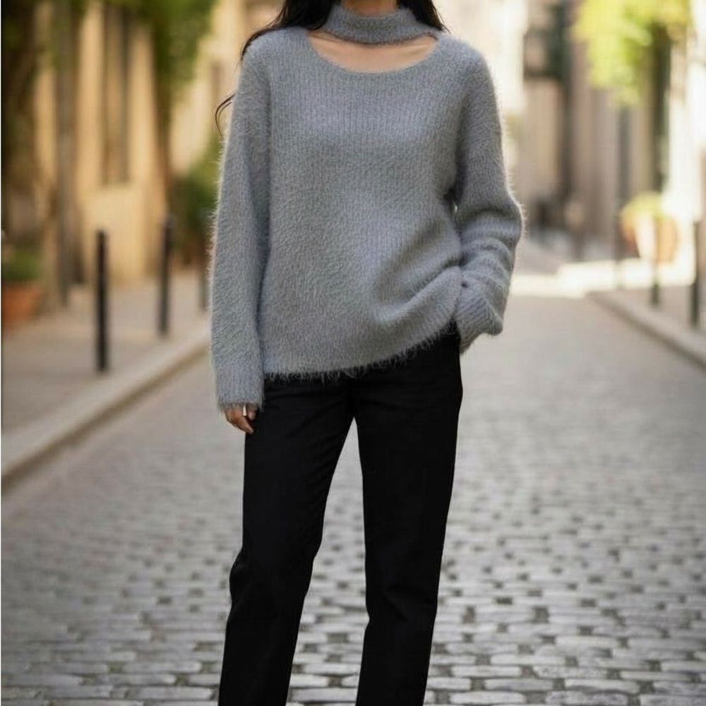 Banana Republic Green Fuzz Eyelash Knit Choker Neck Bow Back Sweater 878171-01-1